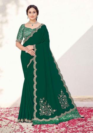 Picture of Crepe & Georgette & Satin,Silk Dark Green Saree