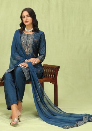 Picture of Cotton & Silk Steel Blue Readymade Salwar Kameez