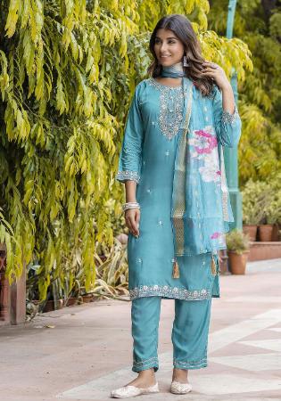 Picture of Silk Medium Turquoise Readymade Salwar Kameez