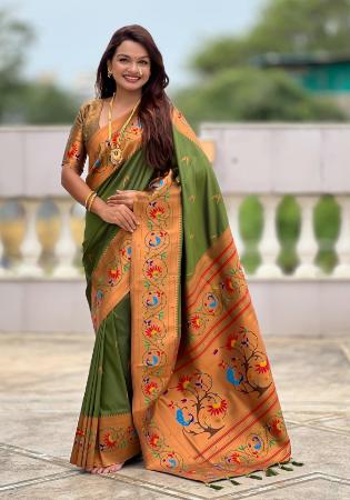 Picture of Exquisite Silk Dark Olive Green Saree