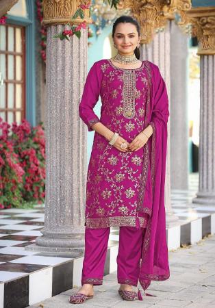 Picture of Chiffon Medium Violet Red Straight Cut Salwar Kameez