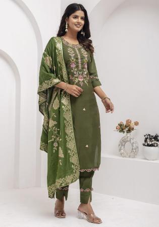 Picture of Silk Dark Olive Green Readymade Salwar Kameez