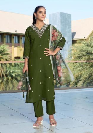 Picture of Silk Dark Olive Green Readymade Salwar Kameez