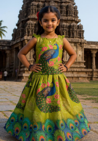Picture of Cotton & Silk Yellow Green Kids Lehenga Choli