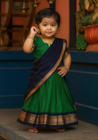 Picture of Admirable Linen & Silk Dark Green Kids Lehenga Choli