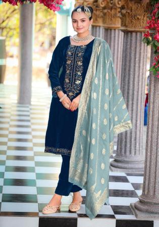 Picture of Marvelous Chiffon Navy Blue Straight Cut Salwar Kameez