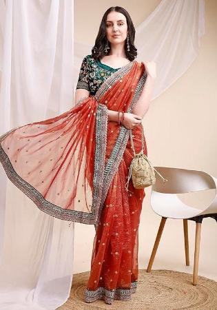 Picture of Resplendent Chiffon & Silk Fire Brick Saree