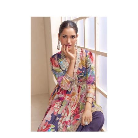 Picture of Chiffon Dark Slate Blue Straight Cut Salwar Kameez