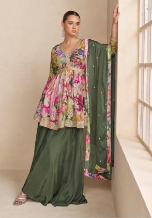 Picture of Chiffon Dark Olive Green Straight Cut Salwar Kameez