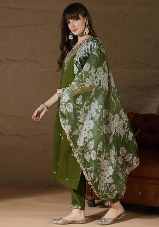Picture of Silk Dark Olive Green Readymade Salwar Kameez