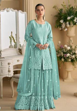 Picture of Crepe & Net & Silk Cadet Blue Straight Cut Salwar Kameez
