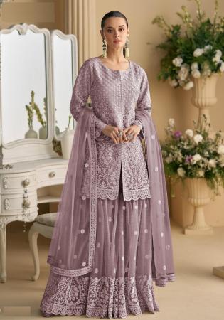 Picture of Crepe & Net & Silk Plum Straight Cut Salwar Kameez