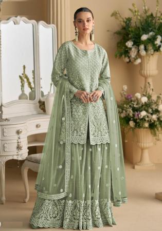 Picture of Crepe & Net & Silk Dark Sea Green Straight Cut Salwar Kameez