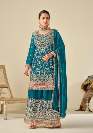 Picture of Exquisite Chiffon Teal Straight Cut Salwar Kameez