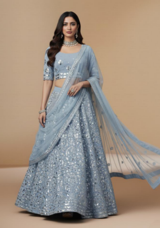 Picture of Pleasing Net & Silk Light Slate Grey Lehenga Choli