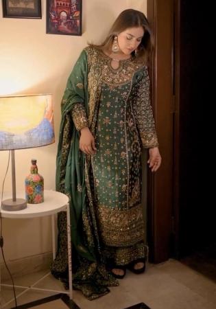 Picture of Silk Dark Olive Green Readymade Salwar Kameez