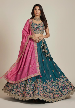 Picture of Sightly Net & Satin & Silk Teal Lehenga Choli