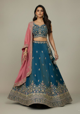 Picture of Bewitching Net & Satin & Silk Teal Lehenga Choli