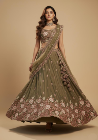 Picture of Net & Satin & Silk Dark Olive Green Lehenga Choli