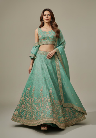 Picture of Net & Satin & Silk Dark Sea Green Lehenga Choli