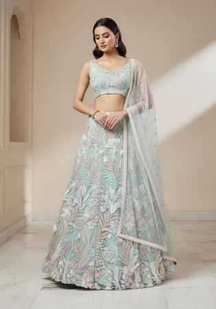 Picture of Chiffon & Net & Organza Dark Sea Green Lehenga Choli