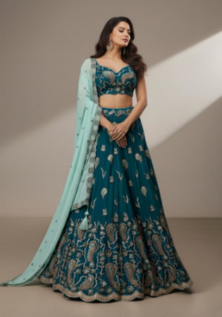 Picture of Chiffon & Net & Organza Dark Green Lehenga Choli
