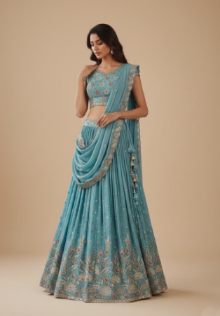 Picture of Chiffon & Net & Organza Cadet Blue Lehenga Choli