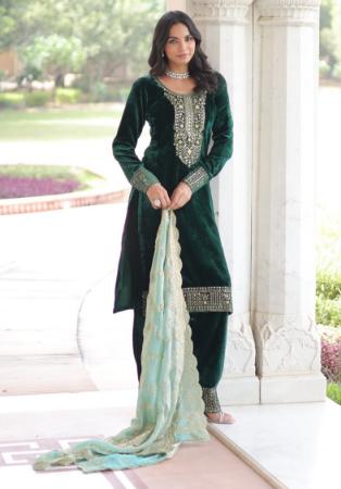 Picture of Silk Dark Olive Green Readymade Salwar Kameez