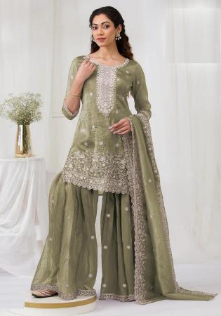 Picture of Chiffon Dark Olive Green Straight Cut Salwar Kameez