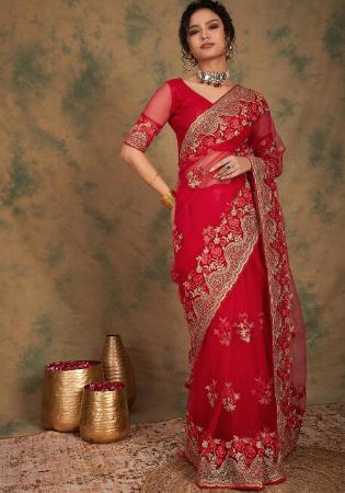 Picture of Comely Net Dark Red Saree