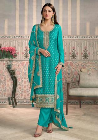 Picture of Chiffon & Silk Dark Cyan Straight Cut Salwar Kameez