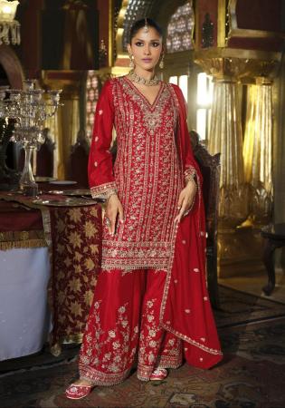 Picture of Chiffon Fire Brick Straight Cut Salwar Kameez