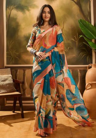 Picture of Stunning Cotton & Linen Teal Saree