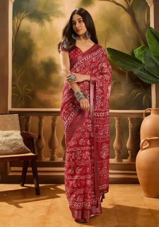 Picture of Well Formed Cotton & Linen Indian Red Saree