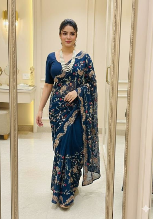 Picture of Superb Silk Navy Blue Saree