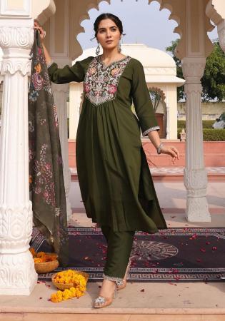 Picture of Silk Dark Olive Green Readymade Salwar Kameez