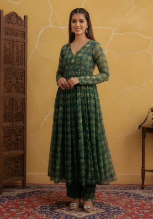 Picture of Silk Dark Olive Green Readymade Salwar Kameez