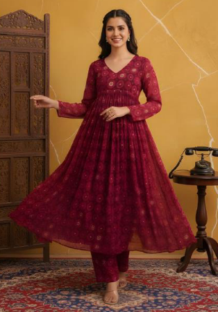 Picture of Fine Silk Maroon Readymade Salwar Kameez