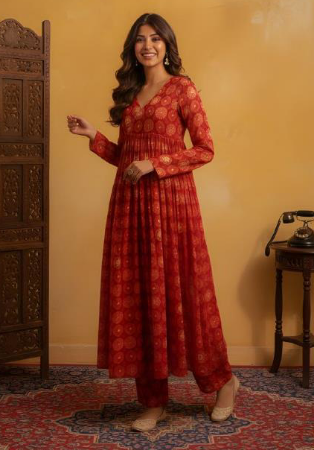 Picture of Superb Silk Fire Brick Readymade Salwar Kameez