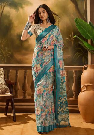 Picture of Delightful Cotton & Linen Dark Sea Green Saree