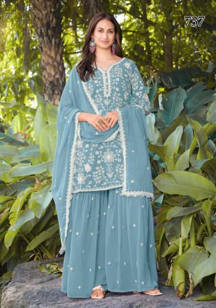 Picture of Georgette Cadet Blue Straight Cut Salwar Kameez