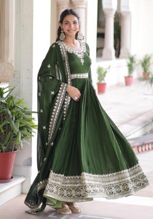 Picture of Statuesque Silk Dark Olive Green Readymade Gown