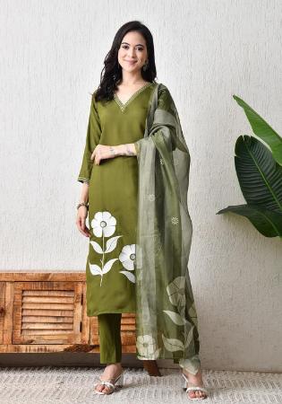 Picture of Silk Dark Olive Green Readymade Salwar Kameez