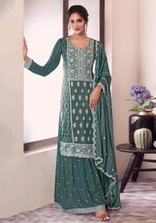 Picture of Chiffon Dark Sea Green Straight Cut Salwar Kameez