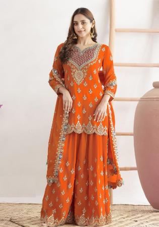 Picture of Chiffon Orange Red Straight Cut Salwar Kameez