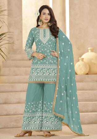 Picture of Georgette Cadet Blue Straight Cut Salwar Kameez