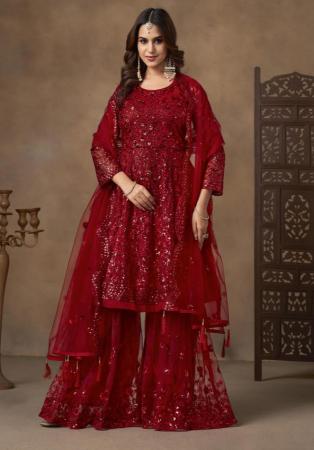 Picture of Shapely Net Maroon Straight Cut Salwar Kameez