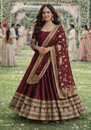 Picture of Georgette & Silk Maroon Straight Cut Salwar Kameez