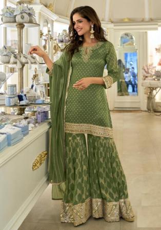 Picture of Silk Dark Olive Green Straight Cut Salwar Kameez
