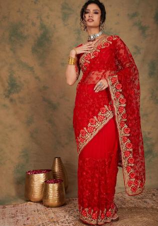 Picture of Good Looking Chiffon & Satin & Silk Dark Red Saree